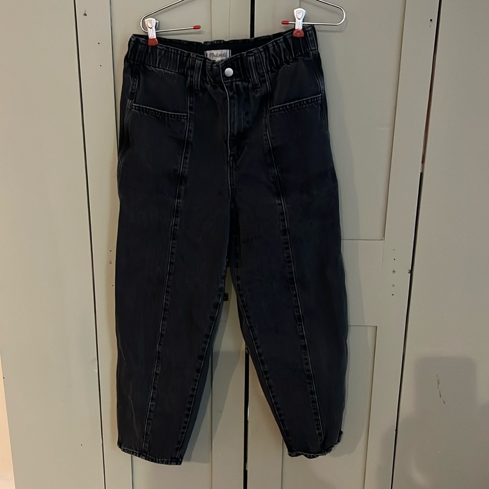 Madewell black denim paper bag barrel pants medium